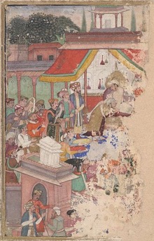 Jahangir investing a courtier with a robe of honour watched by Sir Thomas Roe, English ambassador to the court of Jahangir at Agra between 1615 and 1618