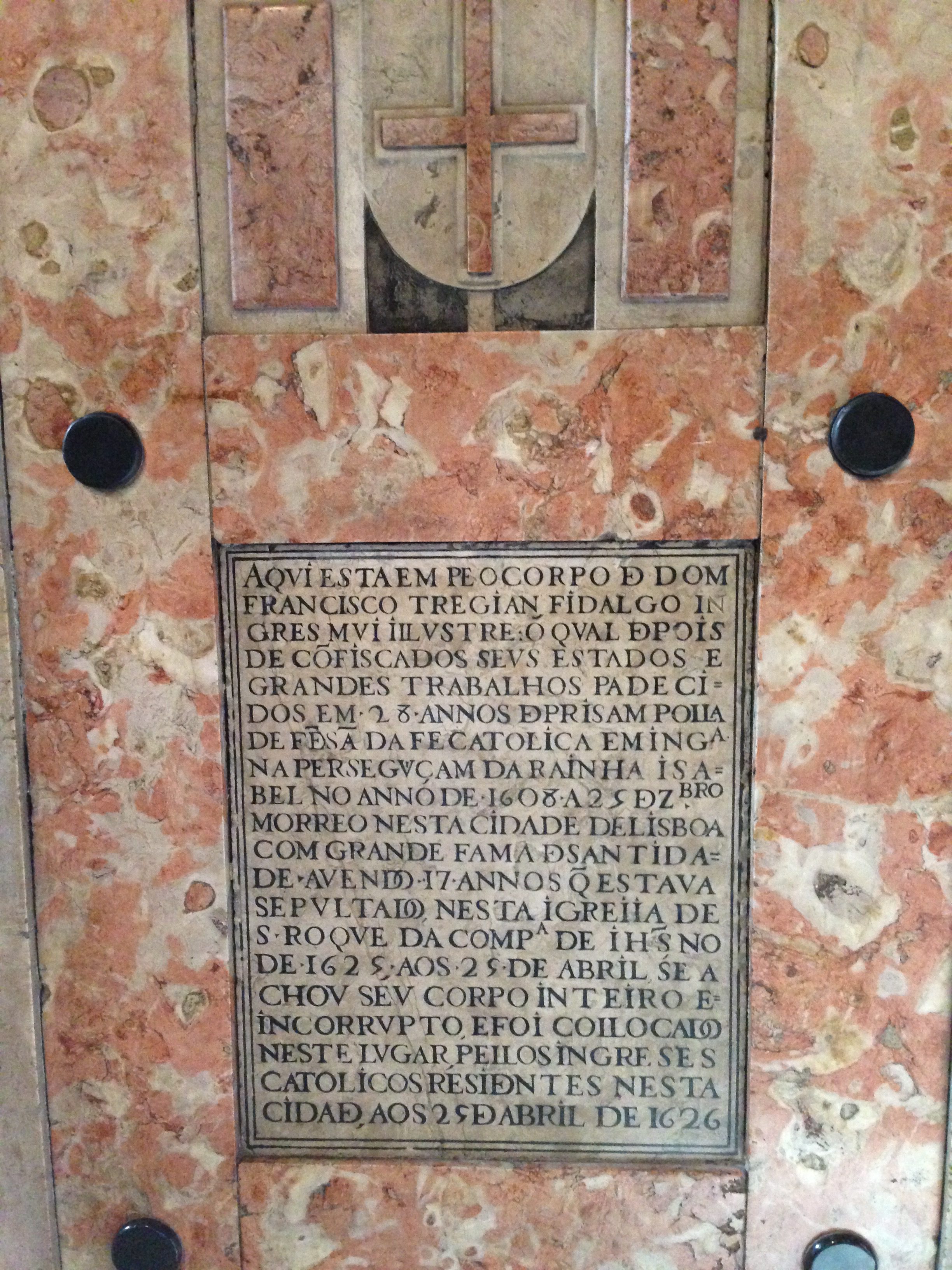 The inscription to the tomb of Francis Tegian in Saint Roch Church, Lisbon.