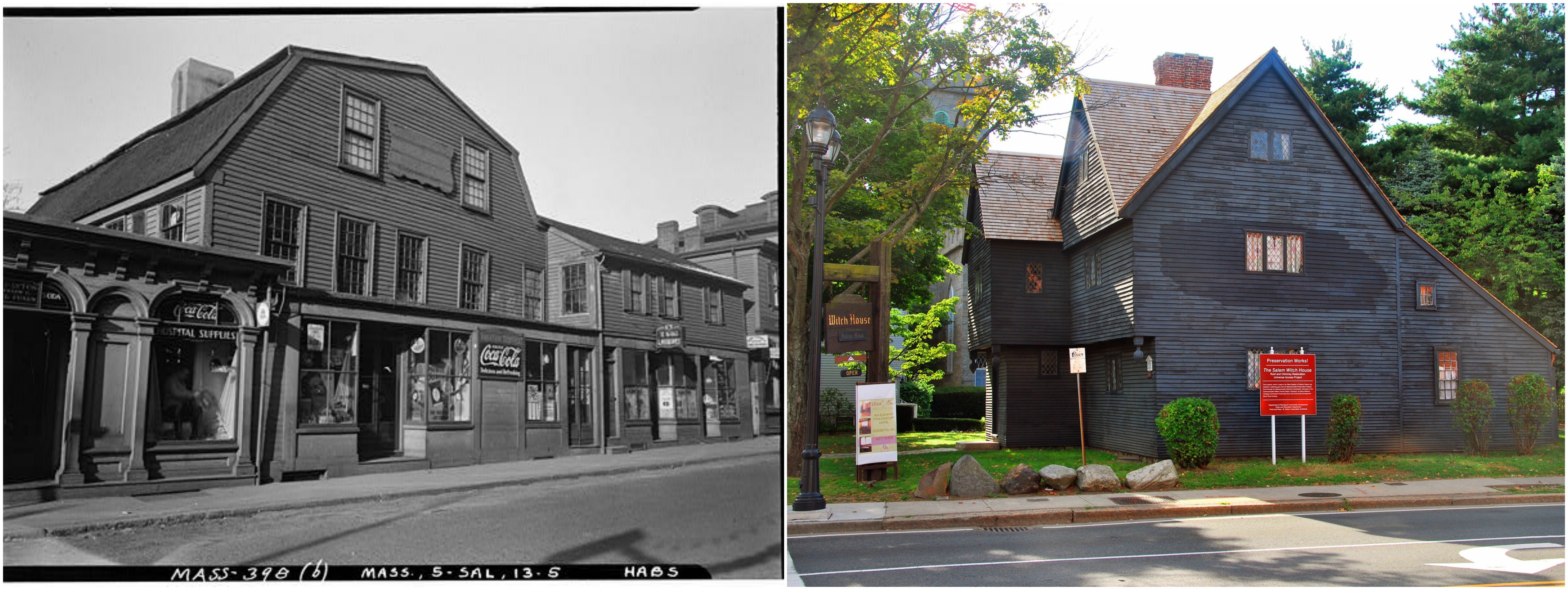 The Witch House as it stood on Essex Street at the time of the Historic American Buildings Survey (HABS) report, c. 1933; the Witch House as it now stands