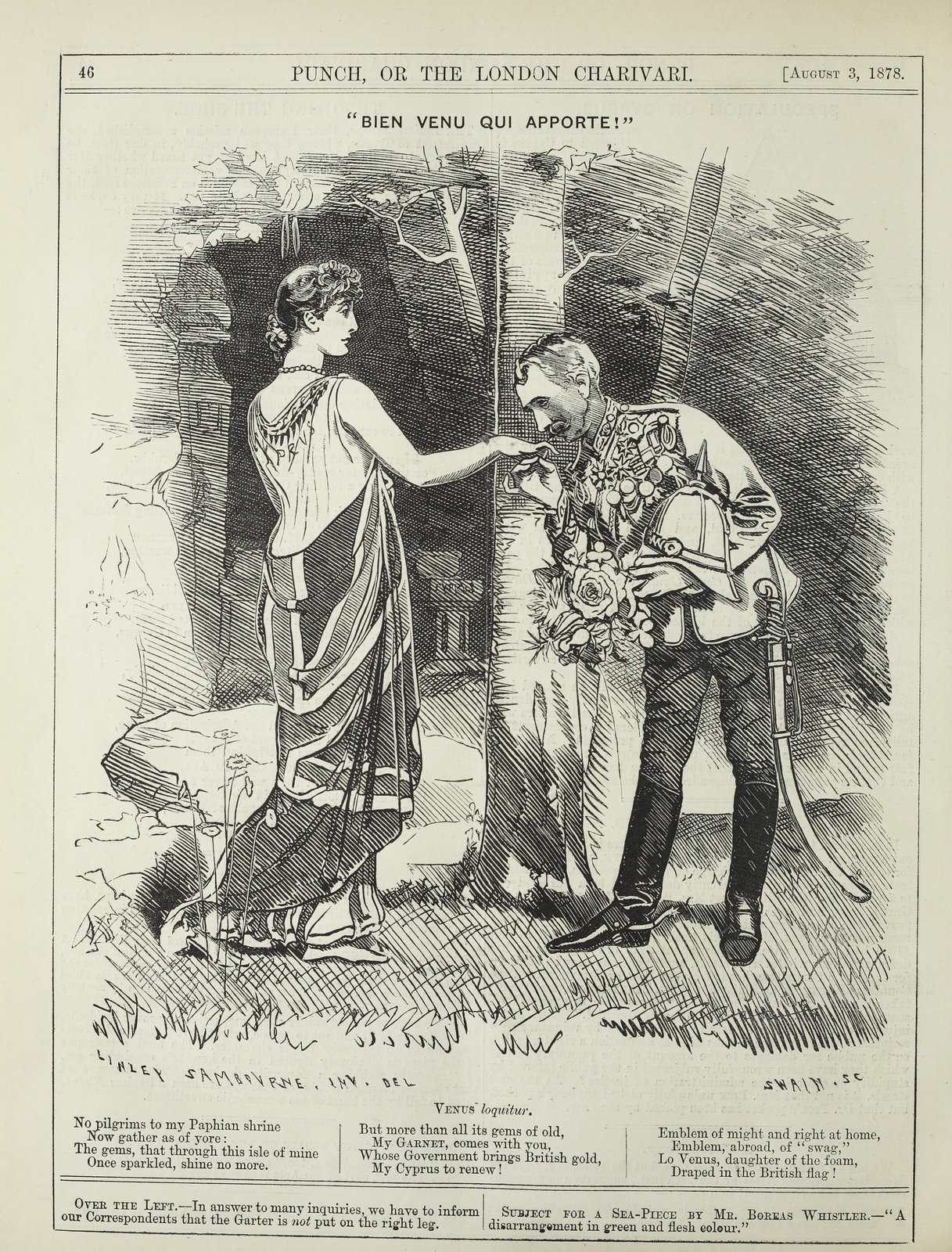 Punch, ‘Bien venu qui apporte!’, 3 August 1878,  p. 46.