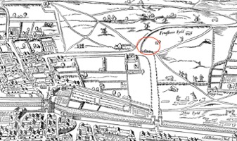 Roughly on the spot of what is later known as “Upper Moorfields” and in the area known in the 1570s and 1580s as the recreational land Finsbury Fields (just north of Moorfield and the ditches outside the city wall). To the left was the neighbourhood north of Cripplegate and to the right the growing neighbourhoods north of Bishopsgate, whose main road extended north from the church of St Botolph’s without Bishopsgate, past Bedlam Hospital, into Norton Folgate, and north through Holywell and St Leonard’s parish in Shoreditch. Section of “Plan of London (circa 1560 to 1570),” in Agas Map of London 1561 ([s.l.], 1633), British History Online http://www.british-history.ac.uk/no-series/london-map-agas/1561/map [accessed 22 October 2017].